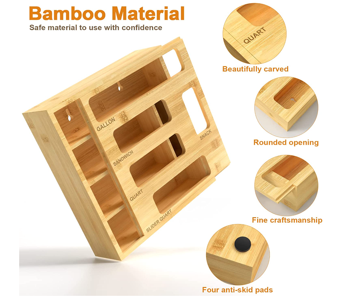 Bamboo Ziplock Bag Storage Kitchen Drawer Organizer