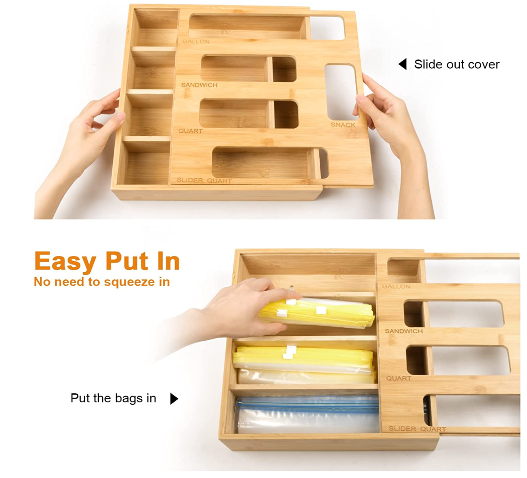 Bamboo Ziplock Bag Storage Kitchen Drawer Organizer