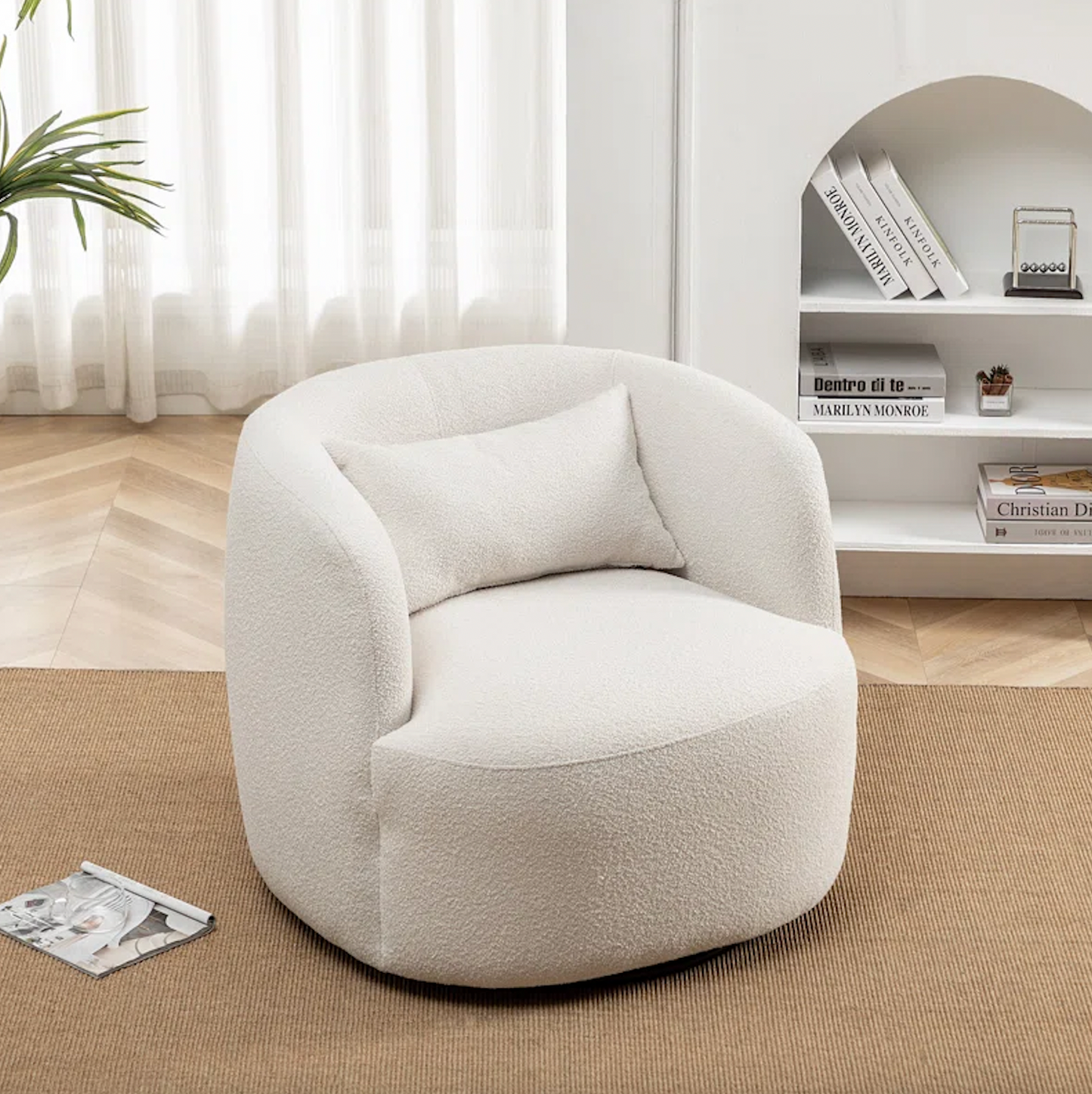  Nest 34" Wide Cream Boucle Upholstered Swivel Armchair Boucle Upholstered Swivel Armchair