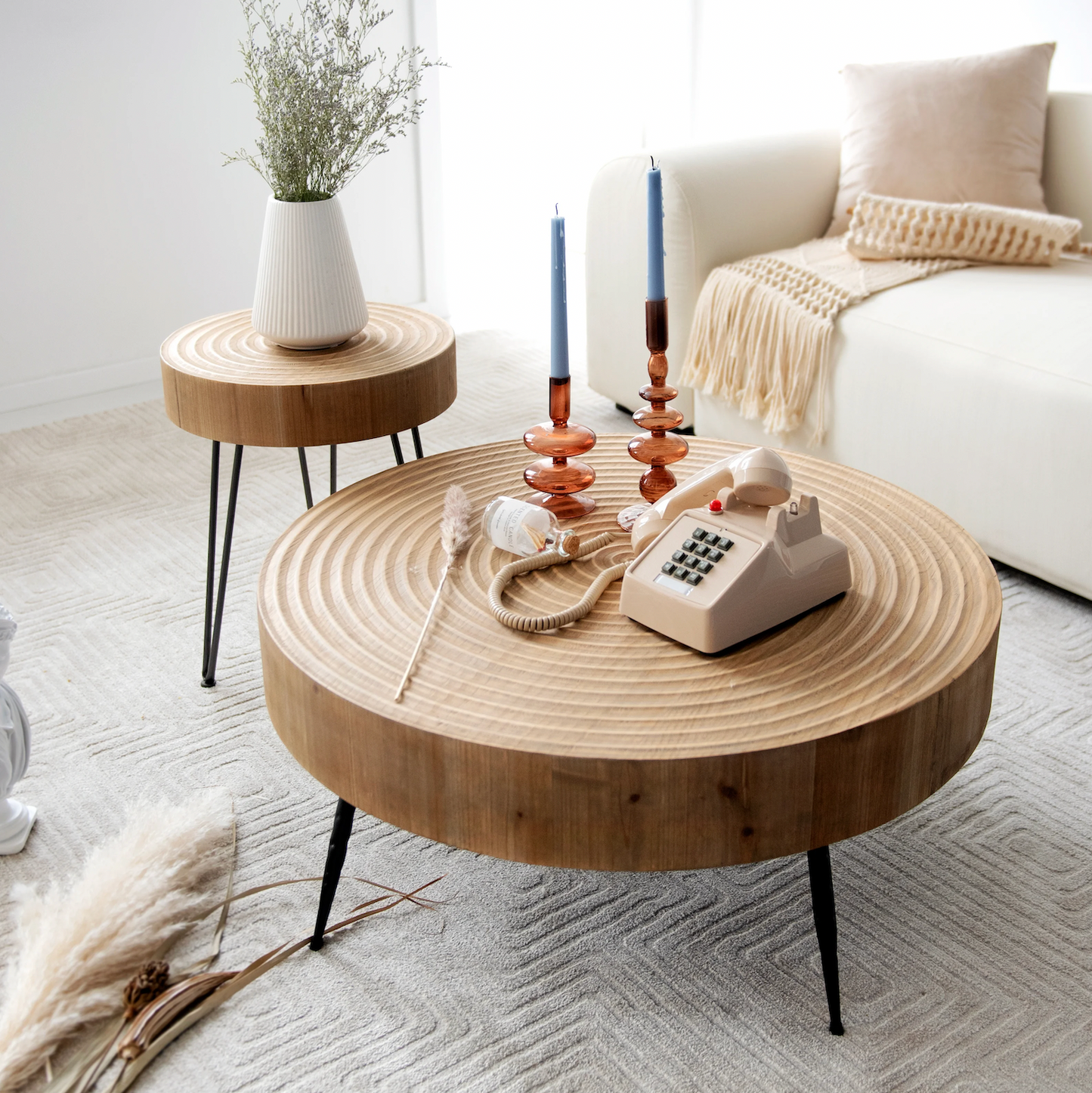 2-Piece Modern Farmhouse Living Room Coffee Table Set, Nesting Table Round with Han