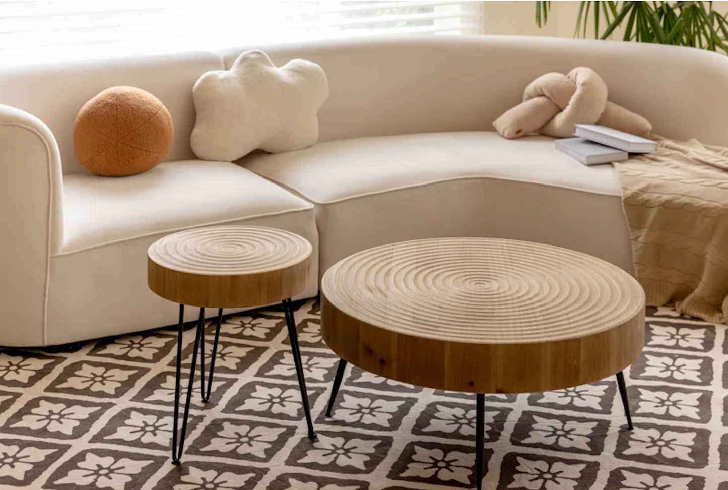 2-Piece Modern Farmhouse Living Room Coffee Table Set, Nesting Table Round with Han