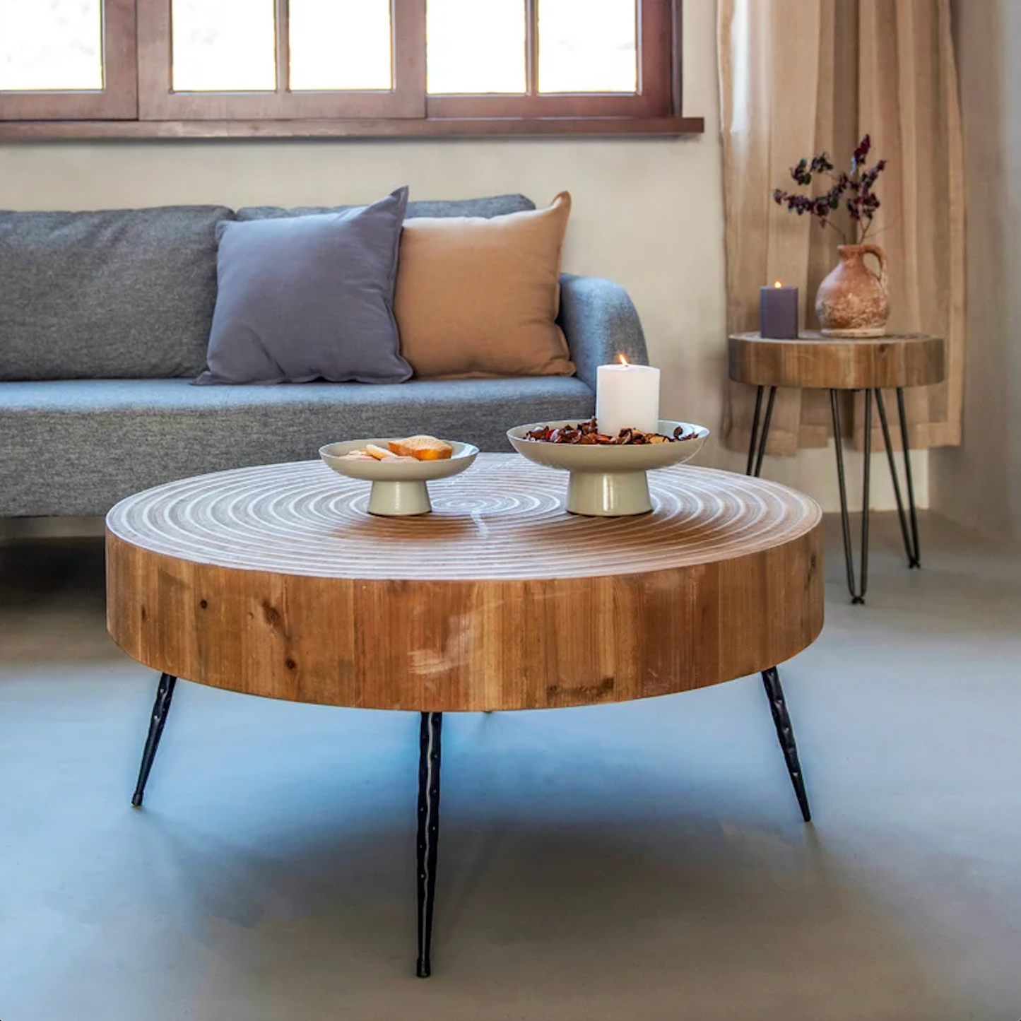 2-Piece Modern Farmhouse Living Room Coffee Table Set, Nesting Table Round with Han