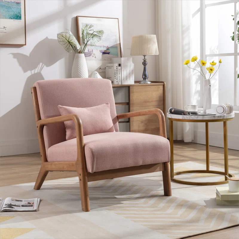 Light pink Linen 25.78'' Wide Linen Armchair With Solid Wood Foot