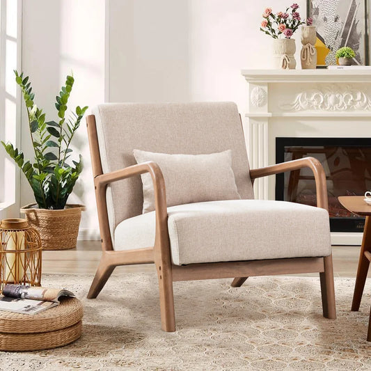 Beige 100% Linen 25.78'' Wide Linen Armchair With Solid Wood Foot