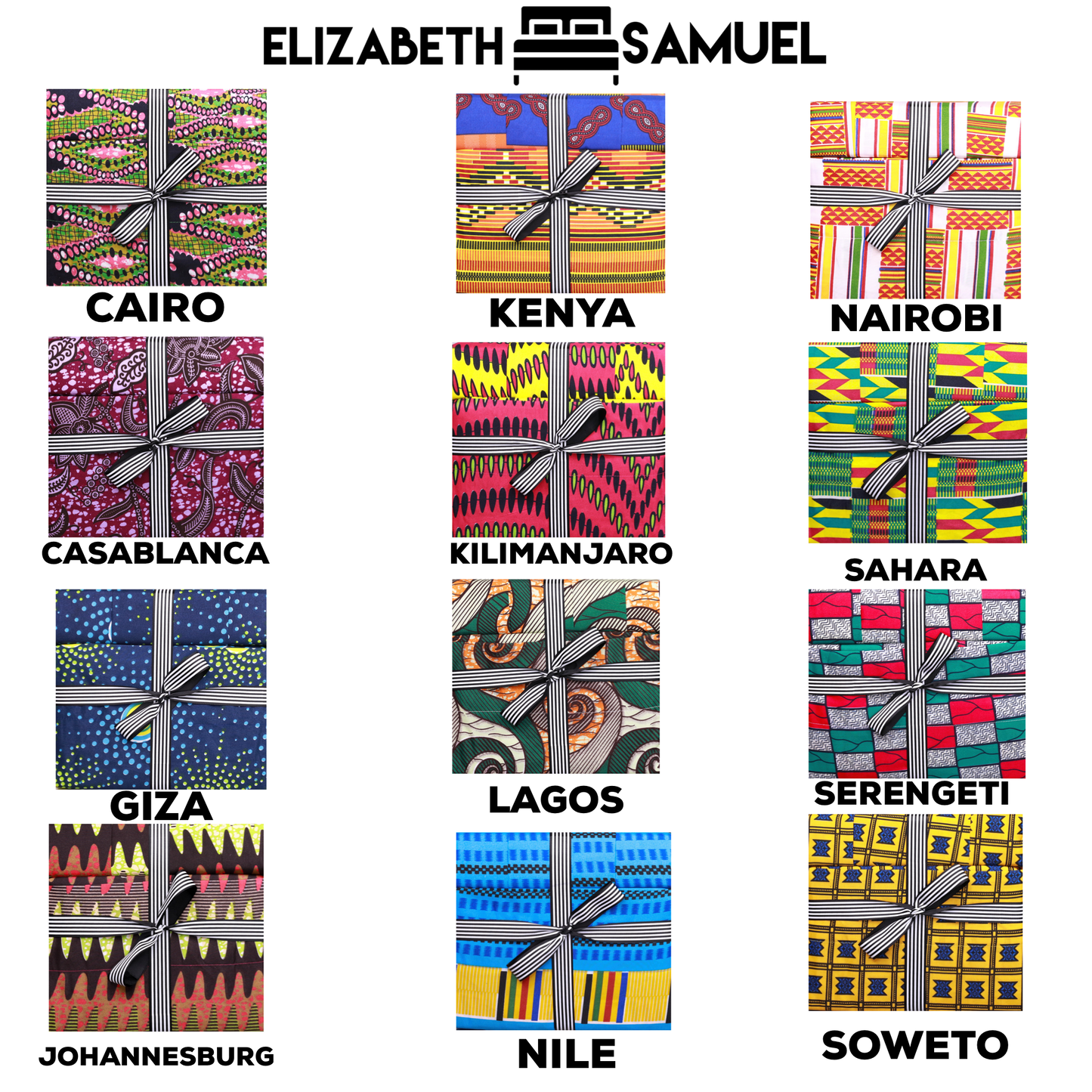 6 piece Elizabeth Samuel African Wax Print (Ankara) Cotton and Bamboo Bed Sheet Sets