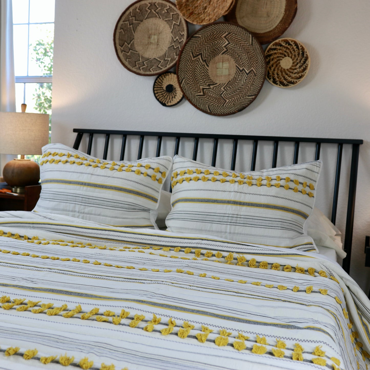 Minimal Ivory Comfy Quilt and Shams with Mustard Poms