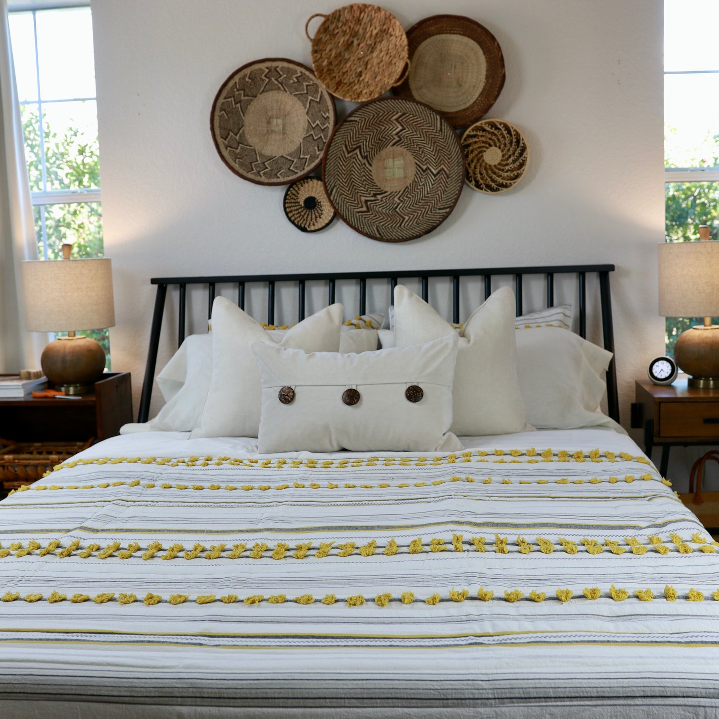 Minimal Ivory Comfy Quilt and Shams with Mustard Poms