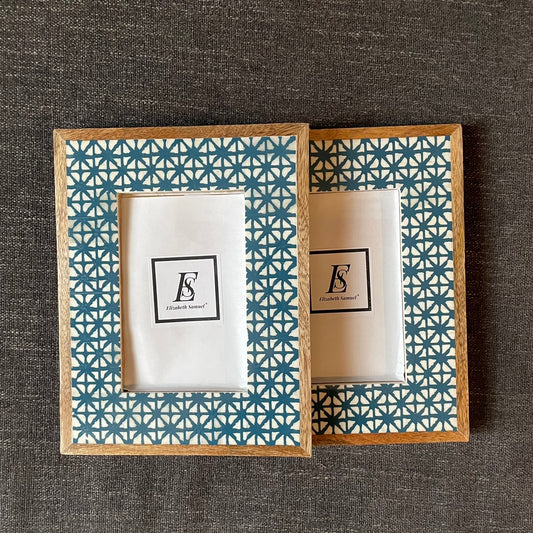Blue and White Geometric Handcrafted 4x6 Wood and Ceramic Picture frames