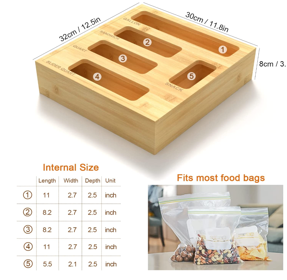 ROMUCHE Bamboo Ziplock Bag Storage Organizer for Draw Food Storage Bag