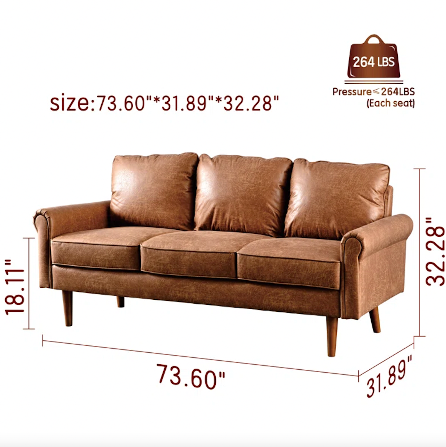 Raleigh 73.6'' Vegan Leather Sofa dimensions