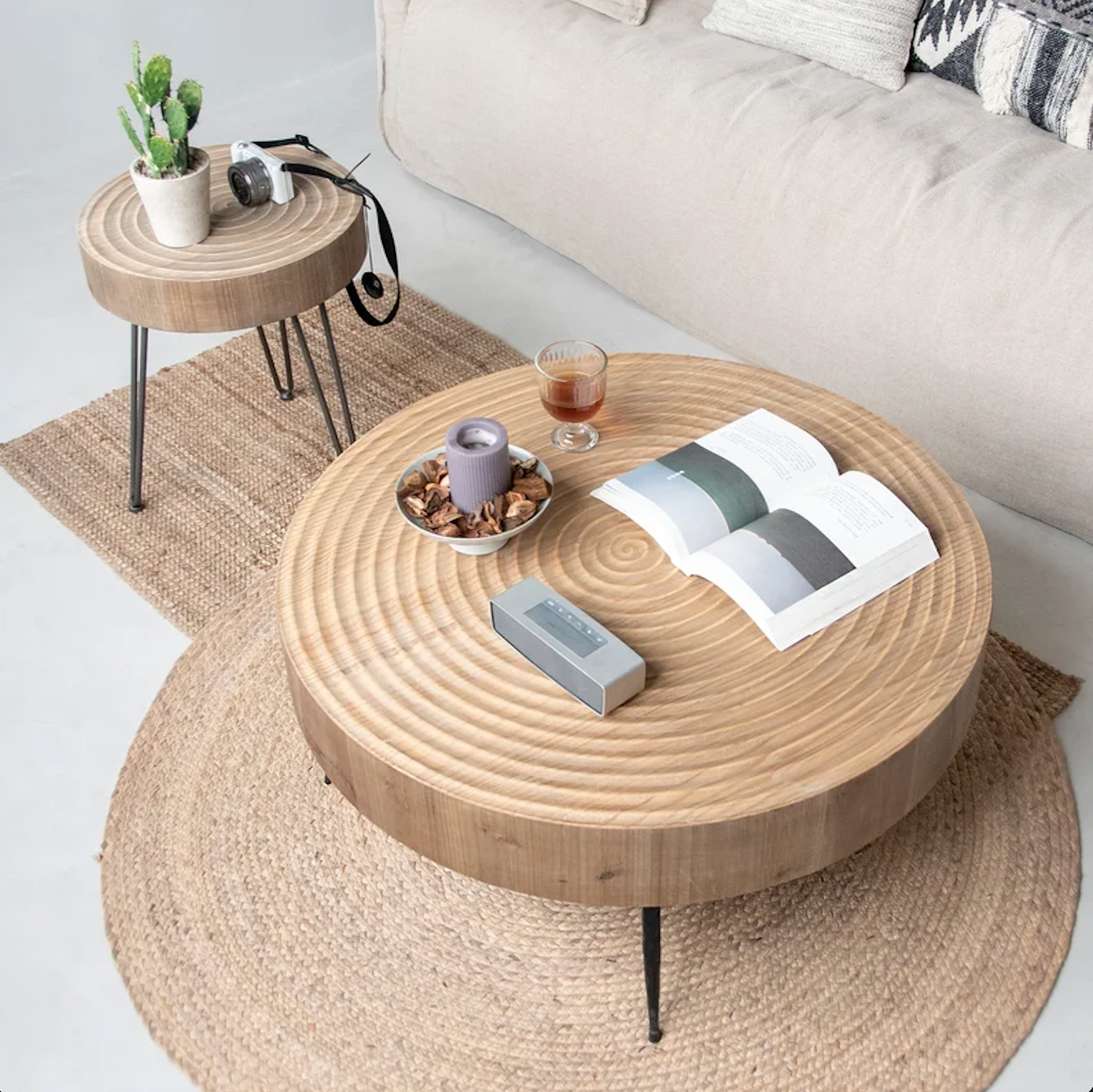 2-Piece Modern Farmhouse Living Room Coffee Table Set, Nesting Table Round with Han
